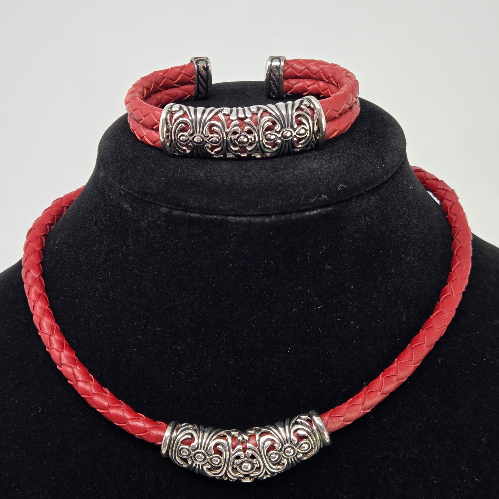 Espo Sig 925 Sterling Silver Red Braided Leather Necklace Bracelet Set Choker 75$